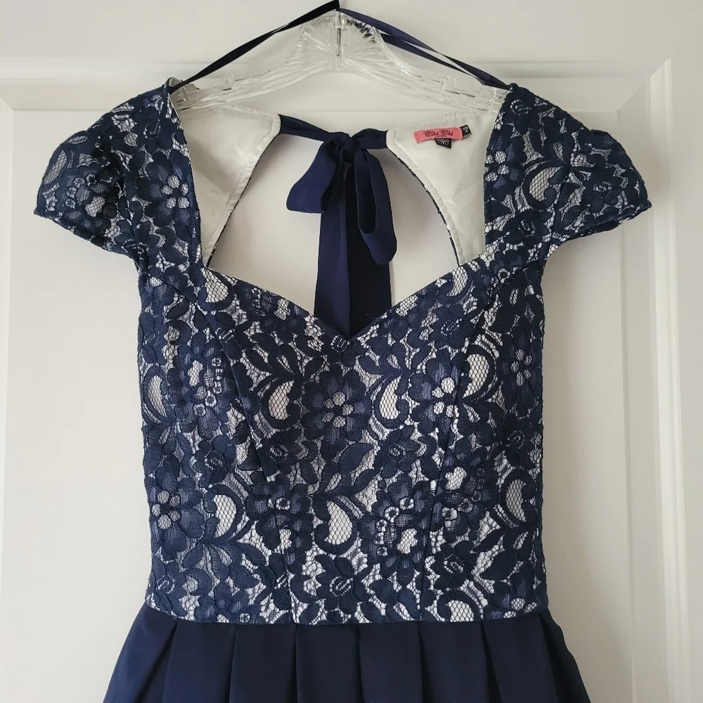 Pleated Cap Sleeved Blue White Lace Tulle Midi Cocktail Dress Size 4 - Picture 2 of 12